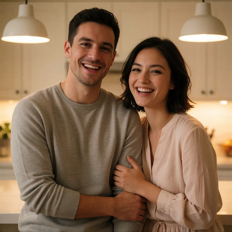 Couple laughing together in a warm modern kitchen
