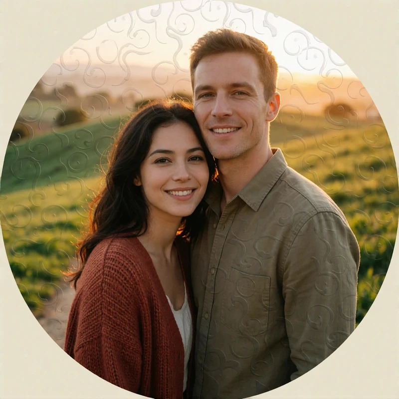 Couple standing together on a green hillside path at golden hour, smiling toward the camera