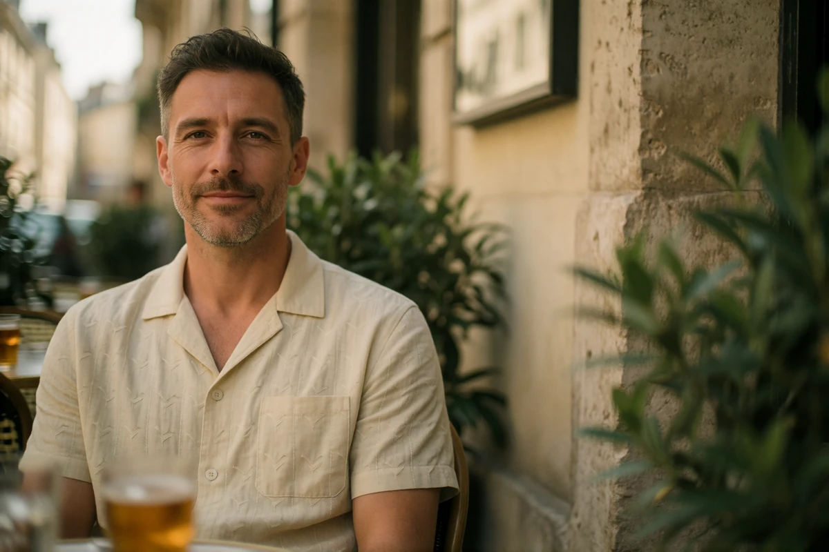 Man in his forties seated at an outdoor European cafe table, relaxed and smiling toward the camera in natural light