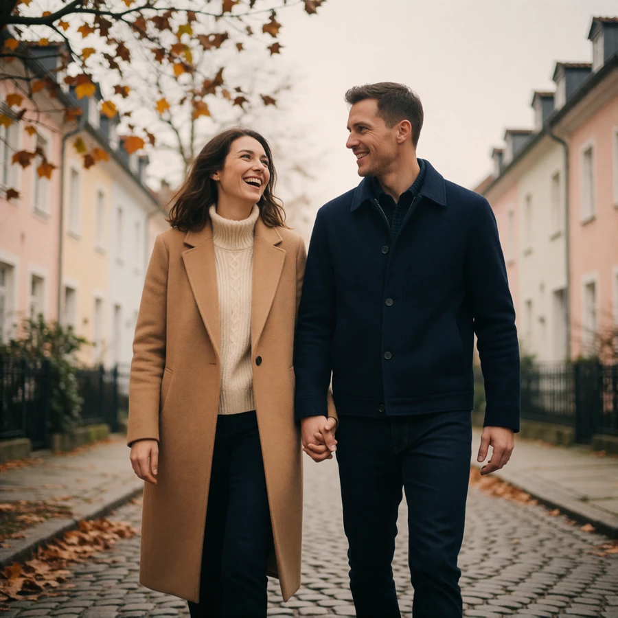 Couple walking together along a cobbled European street