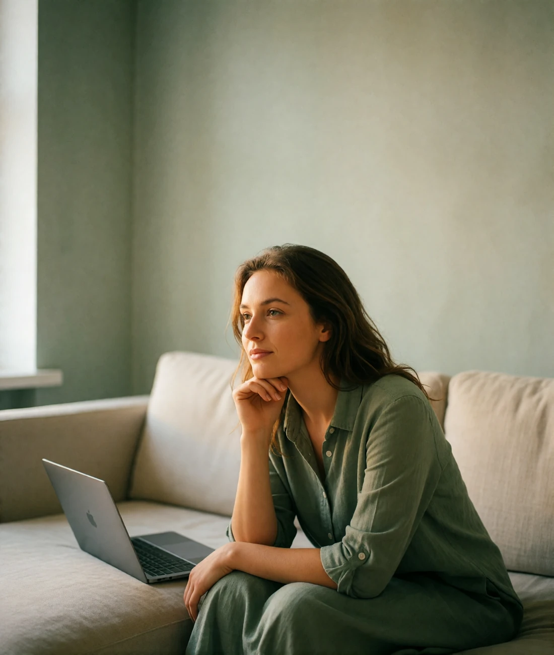 Slavic woman listening attentively on a video call in a bright modern apartment, chin resting on her hand
