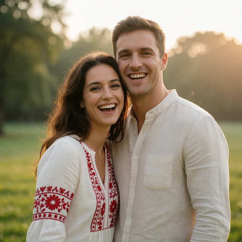 Couple laughing together in a sunlit park, the woman wearing a white blouse with red embroidery