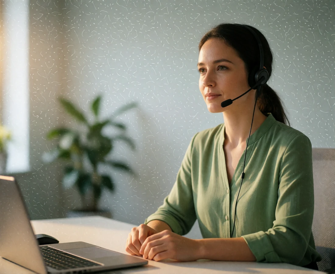 Support team member at a bright office desk reviewing a member profile with a headset on
