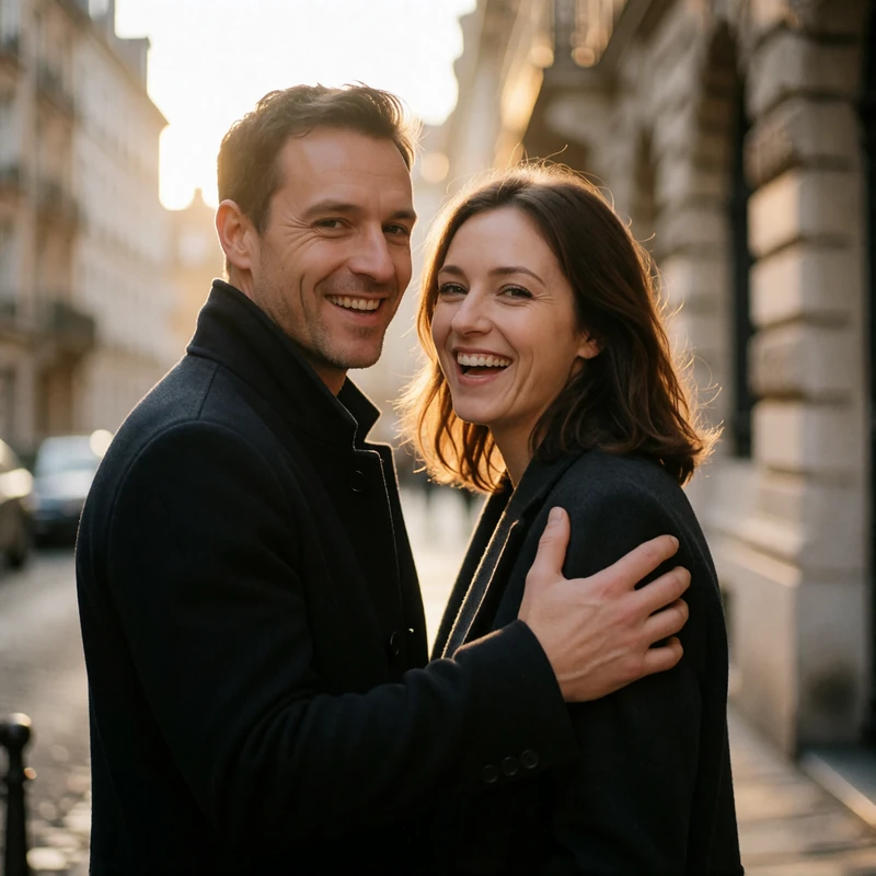 Couple standing close on a European city street in the evening, the woman laughing