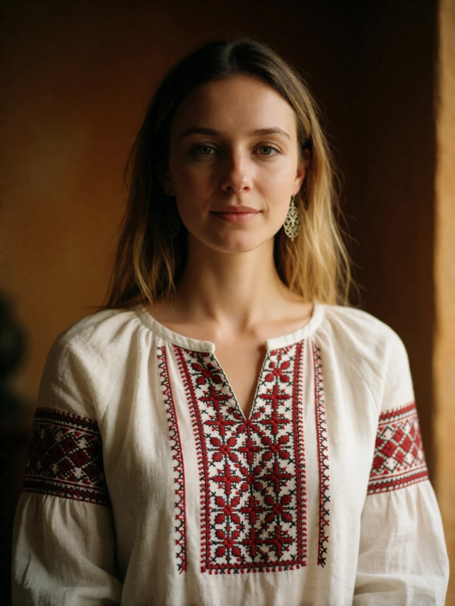 Ukrainian woman in a white blouse with dense red cross-stitch embroidery looking calmly at the camera