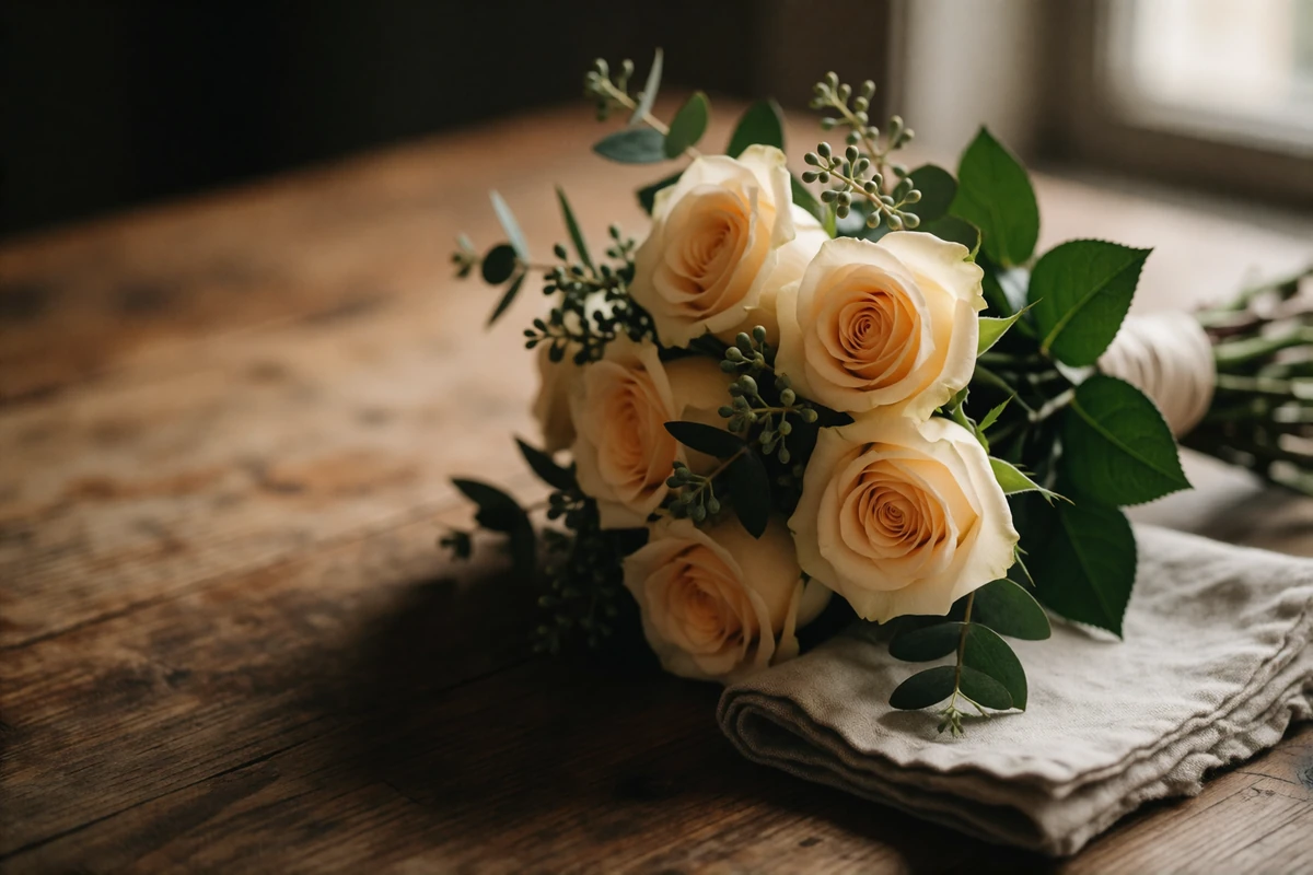 Modest hand-tied bouquet of cream roses and greenery resting on a weathered wooden table beside a linen napkin