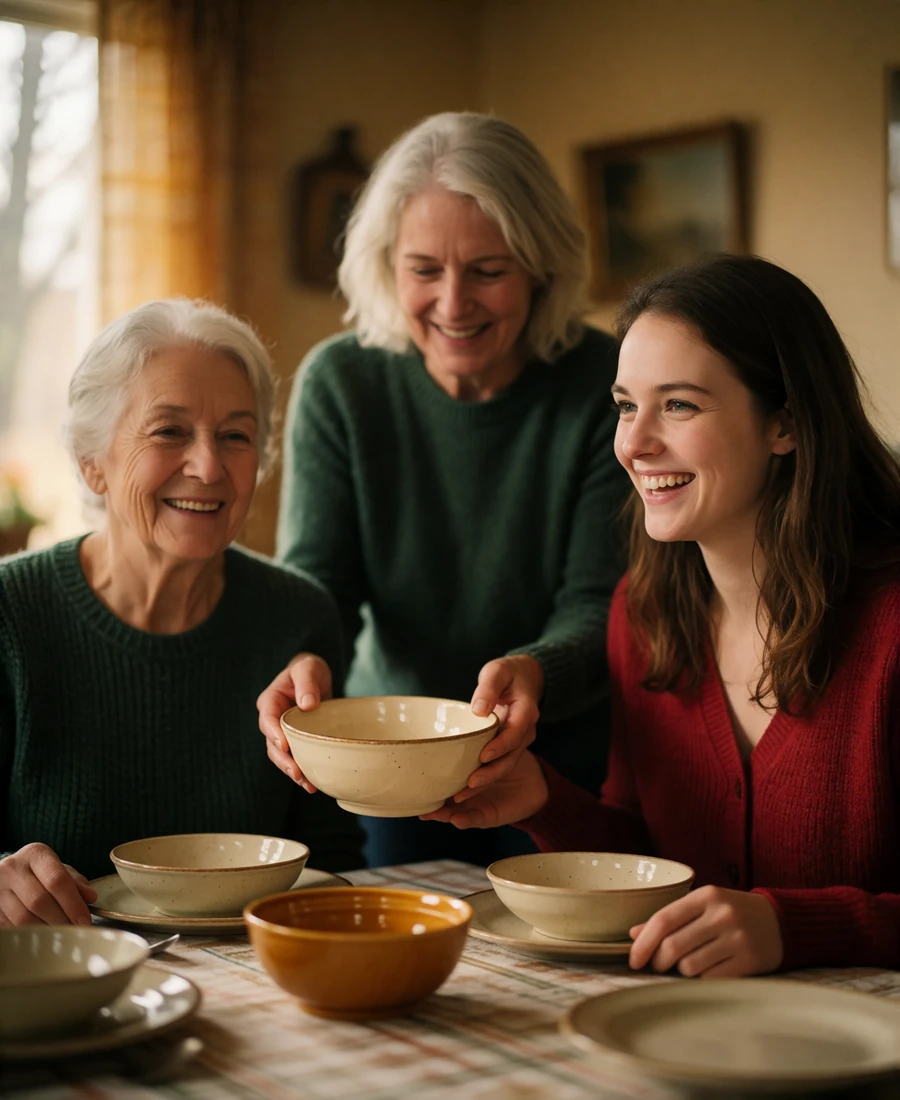 Three generations of women sharing a warm meal at a home dining table, a young woman laughing as an older relative passes a dish