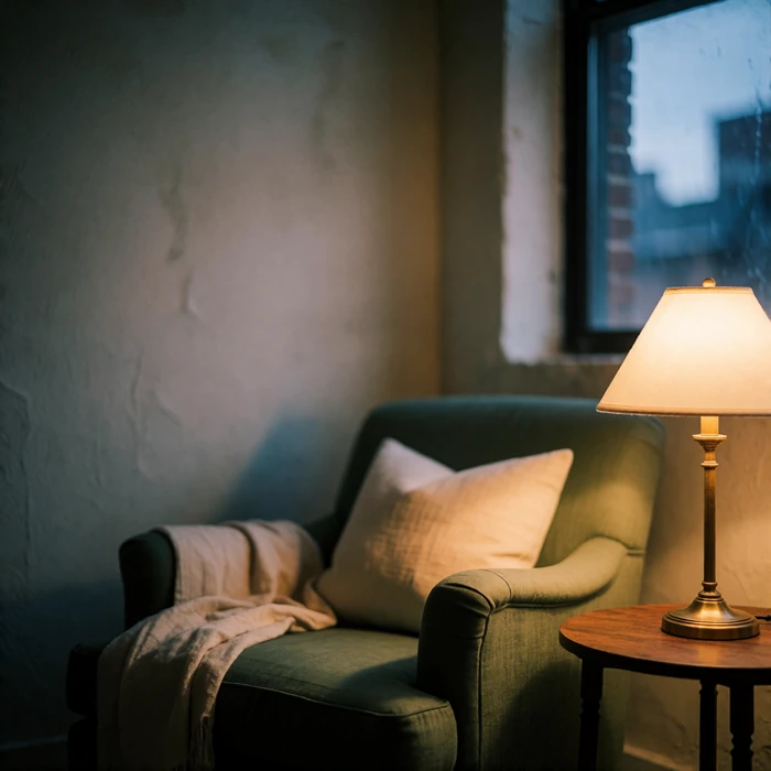 Warm modern apartment corner in the evening with a linen armchair and a lit brass lamp, a calm setting for a video date