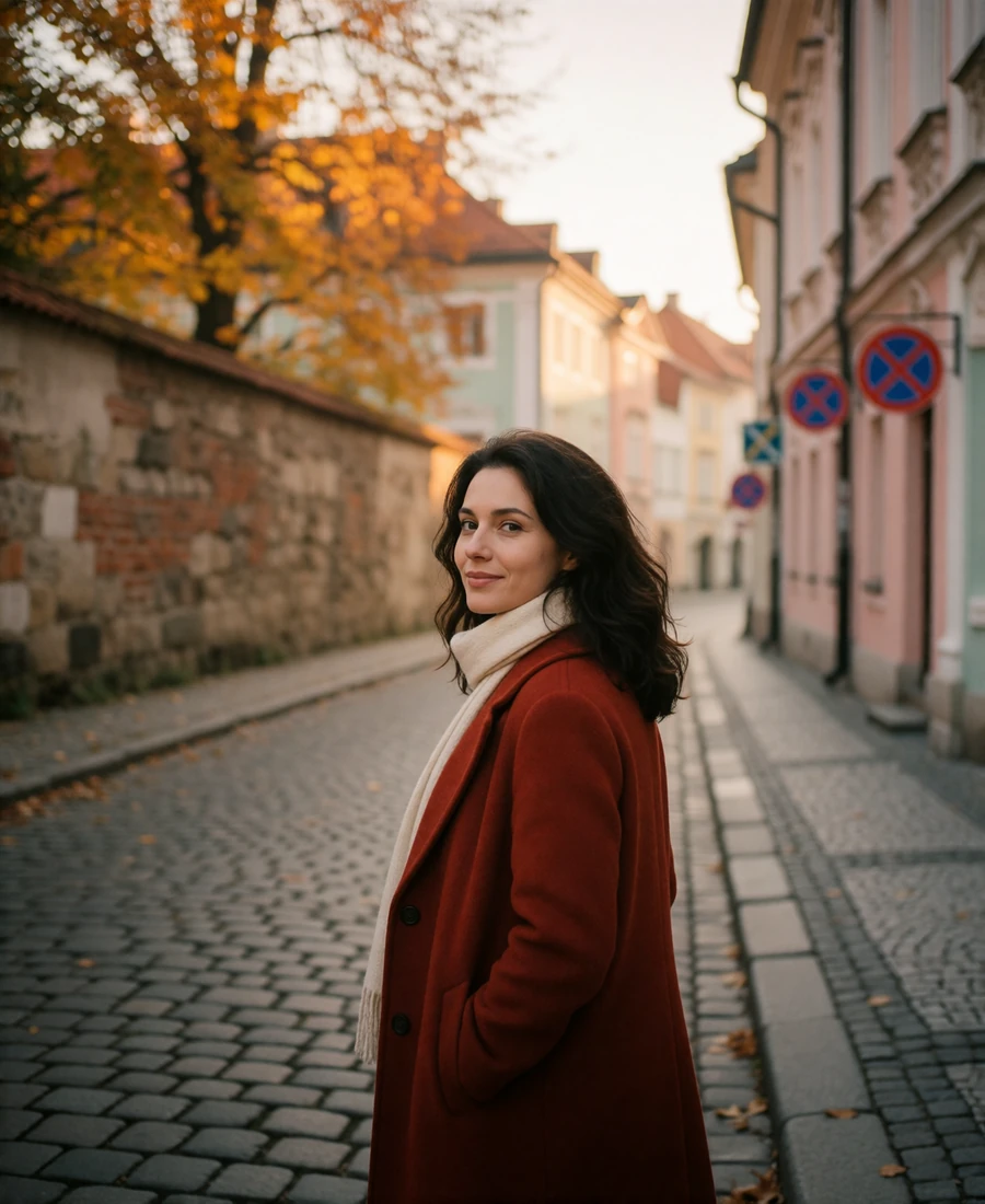 Verified member from Prague walking along a cobbled street