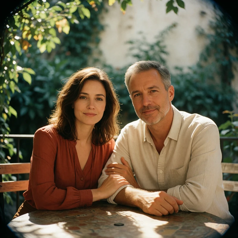 Couple seated together at an outdoor terrace table smiling calmly at the camera