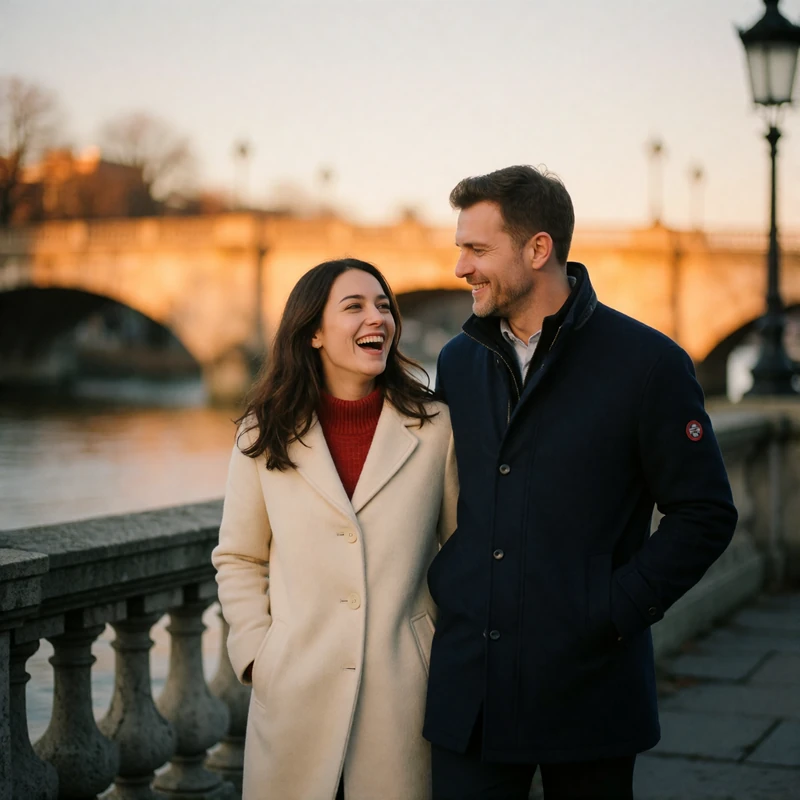 Couple walking together along a river promenade at golden hour