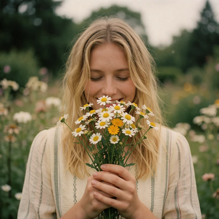 Woman holding a small bunch of wildflowers to her face, smiling with delight in soft daylight