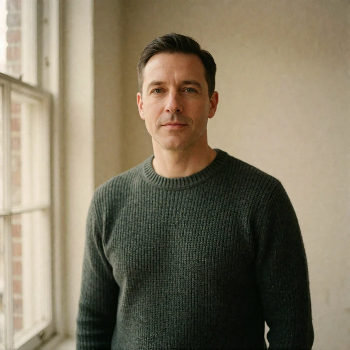 Man in his late forties in a dark sweater standing near a window, calm direct gaze in soft daylight