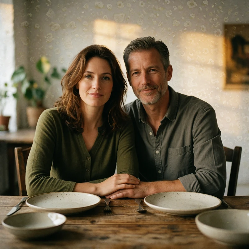 Couple seated together at a rustic wooden table set with simple dishes, smiling at the camera