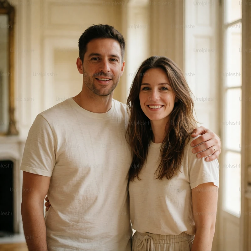 Couple standing together inside a bright upscale interior with tall windows
