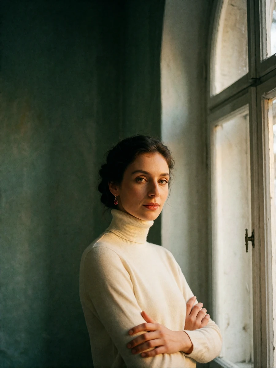Assured Hungarian woman in a cream turtleneck standing beside a tall arched window in a stately apartment