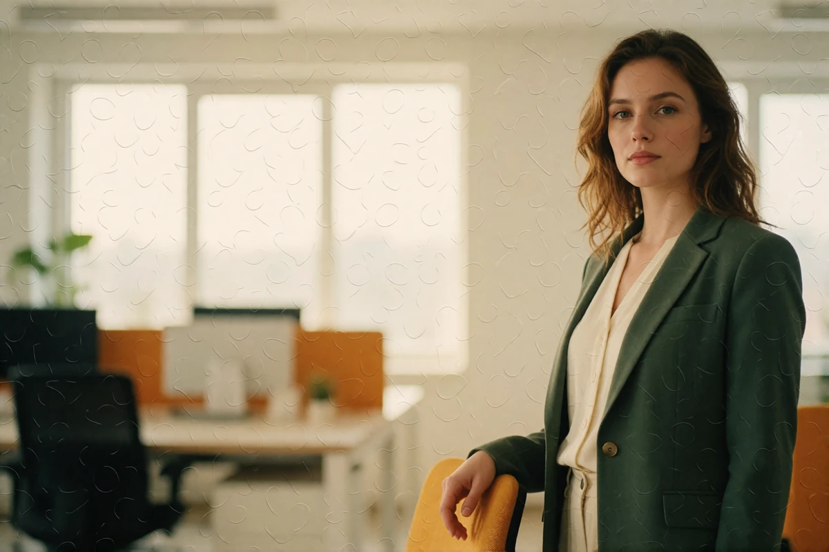 Eastern European woman in her early thirties standing confidently in a bright modern office