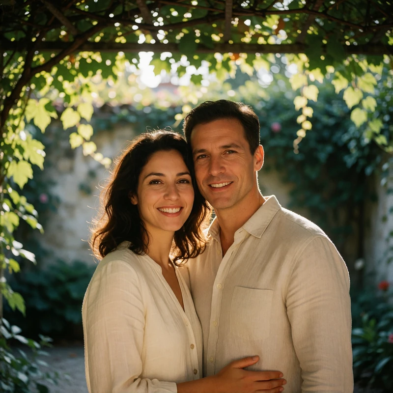 Couple standing together under a leafy courtyard trellis, both smiling warmly